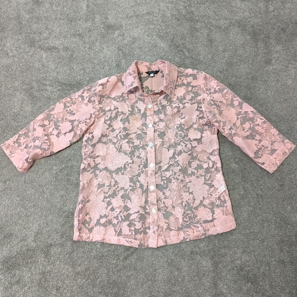 Attitude Women's Floral Sheer Button Down Shirt Size Med Blouse Linen Disco